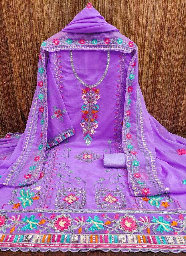 Georgette Lilac Casual Wear Embroidery Work Dress Material